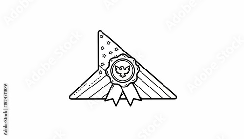 American Award Ribbon with Eagle Seal and Stars - Black and White Line Art