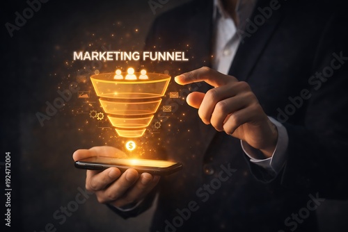 Businessman interacting with a glowing marketing funnel hologram on smartphone 