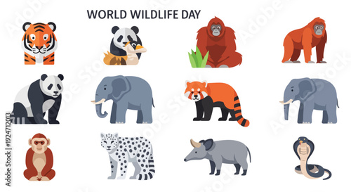 Colorful illustrations of various endangered animals on World Wildlife Day with a clean white background