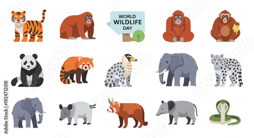 Colorful flat lay of various endangered animals on World Wildlife Day against a clean white background
