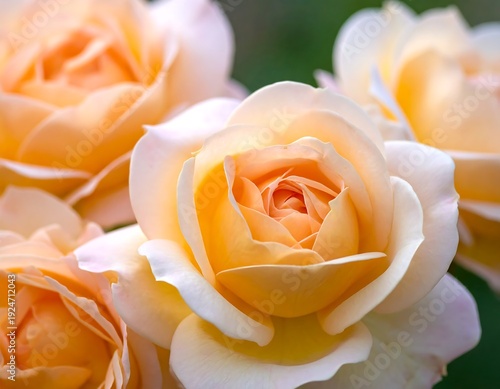 Close-up of several blooming flowers. Their petals are light orange and white, displaying a delicate and complex structure