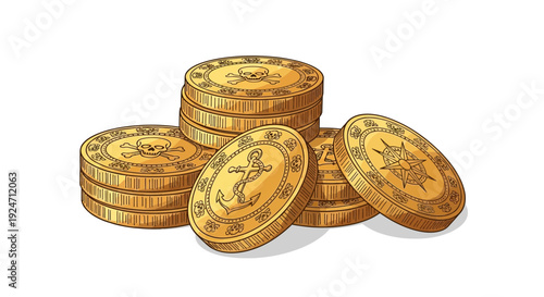 Pile of Gold Pirate Coins with Skull and Anchor Symbols