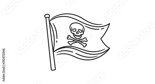 Pirate Flag with Skull and Crossbones Waving on Pole, Black and White Drawing