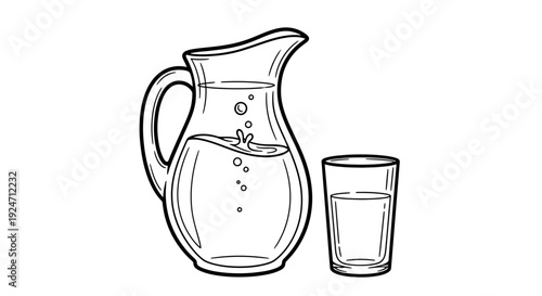 Refreshing Water Pitcher and Glass, Clean Hydration Concept, Simple Line Art Illustration