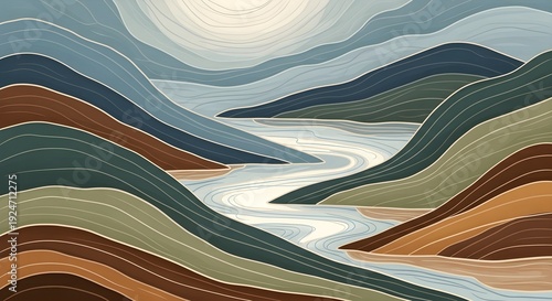 Natural elements such as mountains and abstract seas.