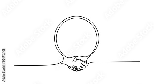 Abstract continuous line drawing of a handshake forming a circle, symbolizing partnership and unity.