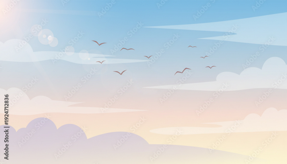 Obraz premium Birds fly in serene sky with clouds at sunrise
