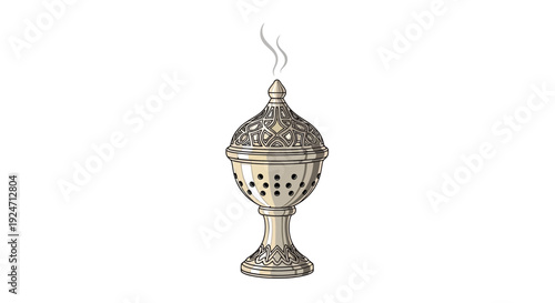Ornate Incense Burner with Smoke, Traditional Arabic Design, Isolated on White
