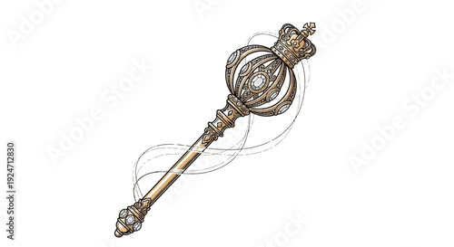 Ornate Royal Scepter with Crown and Jewels, Symbol of Power and Authority