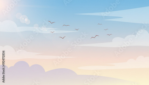 Birds fly in serene sky with clouds at sunrise