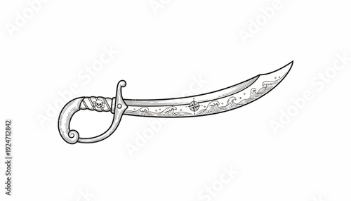 Ornate Scimitar Sword with Nautical Engravings, Pirate Weapon Illustration