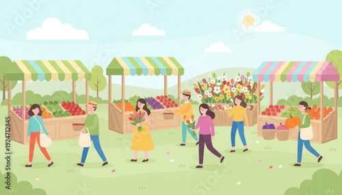 People shopping at a vibrant outdoor farmers market