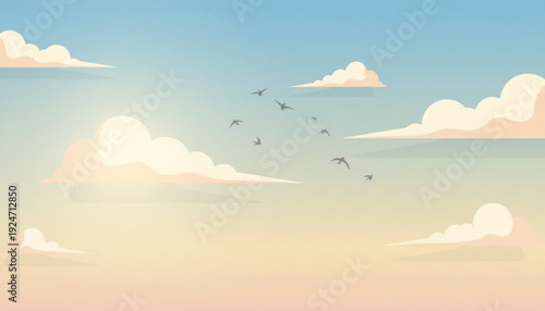 Birds fly past fluffy white clouds at sunset