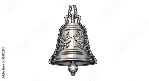 Ornate Silver Bell with Dove and Olive Branch Engravings, Hanging from Rope