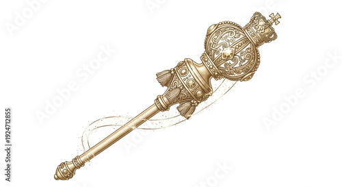 Ornate Scepter with Crown and Tassels, Symbol of Power and Royalty, Isolated on White