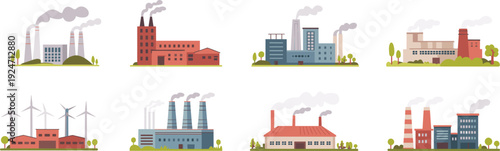 Industrial factories and power plants collection with smokestacks wind turbines warehouses manufacturing buildings flat vector illustration isolated set