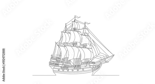 Outline of a majestic tall ship sailing on the sea, vintage nautical vessel illustration