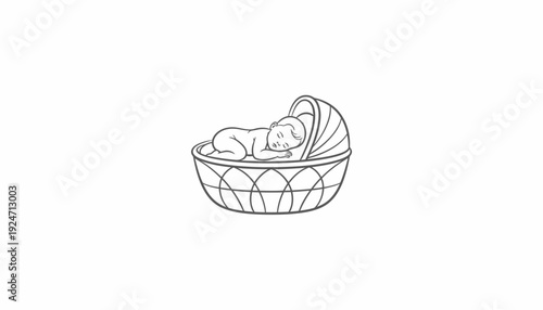 Newborn Baby Sleeping Peacefully in Wicker Moses Basket, Gentle Silhouette Illustration