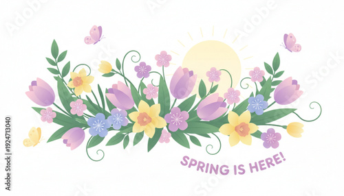 Spring flowers bloom with sunshine and butterflies