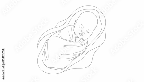 Newborn baby sleeping peacefully wrapped in a soft blanket, line art illustration