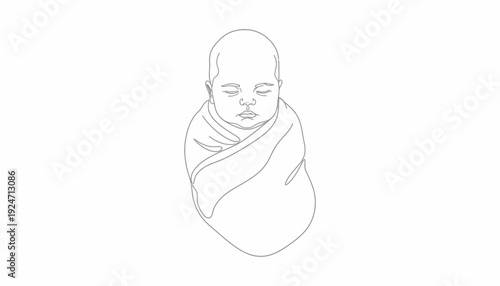 Newborn Baby Wrapped in Blanket, Minimalist Line Art Illustration