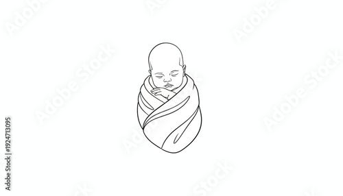 Newborn Baby Wrapped in Blanket, Peaceful Sleep, Black and White Line Art