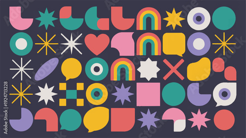 Modern Abstract Pattern Illustration with Playful Geometric Shapes, a Minimalist Concept Design Featuring Diverse Vibrant Forms Arranged on a Dark Background for Creative and Digital Projects