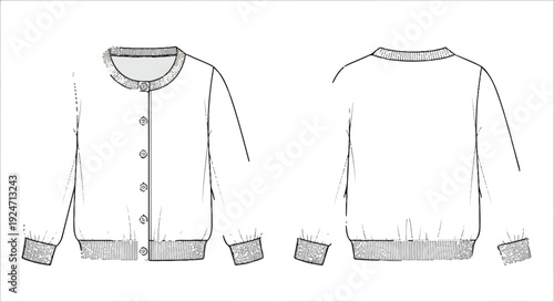 Isolated Vector Flat Sketch of Button-Up Cardigan Jacket Template Front and Back Views isolated PNG with Transparent Background