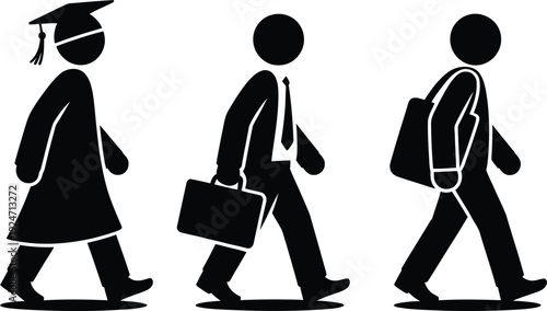 Graduate walking alongside working professionals carrying bags and briefcases.