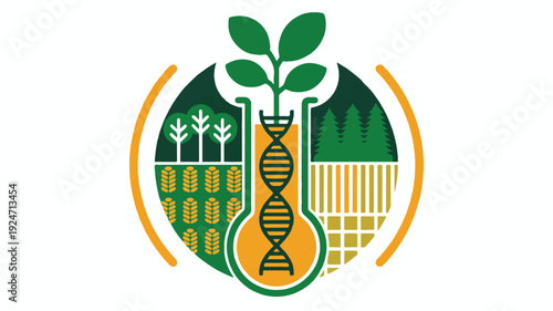 Biotechnology Agriculture Emblem. Plant from DNA flask, with farm fields and forest. Symbolizes scientific innovation, sustainable growth, ecological balance