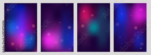 Abstract neon gradient background set. Four vertical banners with dark blue and purple blurred light effects, bokeh and futuristic style. Ideal for digital presentation and poster design.