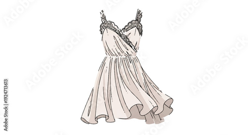 Elegant white slip dress with black lace trim fashion illustration isolated PNG with Transparent Background