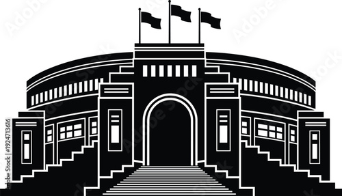 Black and white parliament building vector illustration with grand staircase, flags, arched entrance, government architecture icon design isolated background graphic