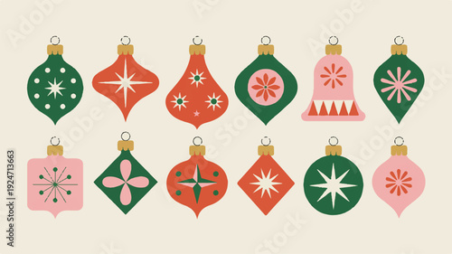 A Festive Assortment of Retro-Inspired Christmas Ornaments in a Palette of Pink, Green, and Orange Hues