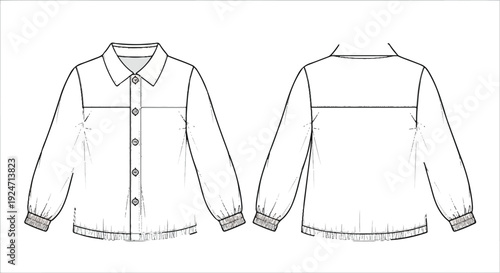 Technical Fashion Flat Drawing of Long Sleeve Collared Shacket Jacket Front and Back View Vector isolated PNG with Transparent Background