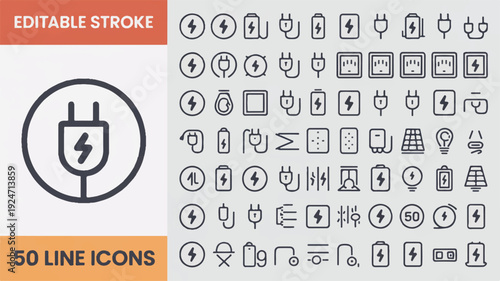 A clean vector illustration featuring a diverse collection of 50 line icons depicting various electricity, power, and charging concepts for modern interfaces and digital designs