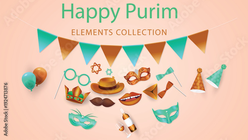 Happy Purim Elements Collection: Masks, Hats, Cookies & Festive Decorations - Flat Design Vector Illustration