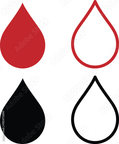 Four teardrop shapes in red and black, filled and outlined, on a white background.