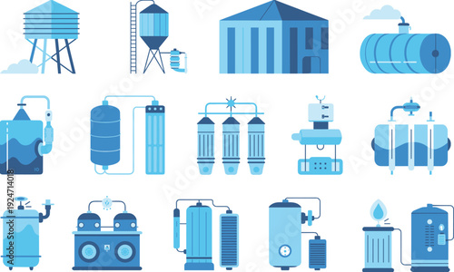 Isometric water treatment and purification equipment icons set with filtration systems, storage tanks, industrial plants and processing units