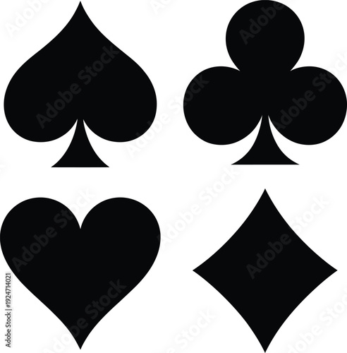 A set of four black playing card suits on a white background.