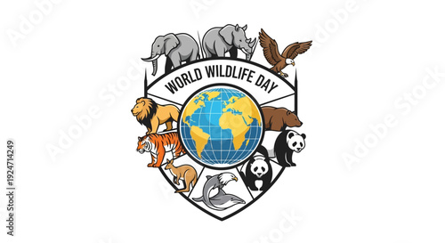 Vector illustration of World Wildlife Day logo with various animals and globe on a shield, symbolizing wildlife conservation and biodiversity preservation.