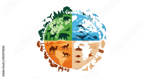 A vibrant illustration of a globe divided into sections showcasing diverse wildlife and ecosystems on World Wildlife Day, symbolizing global conservation efforts with a mix of vector
