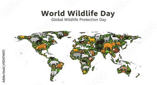 Colorful illustration of a world map highlighting endangered species on World Wildlife Day for global wildlife conservation awareness.