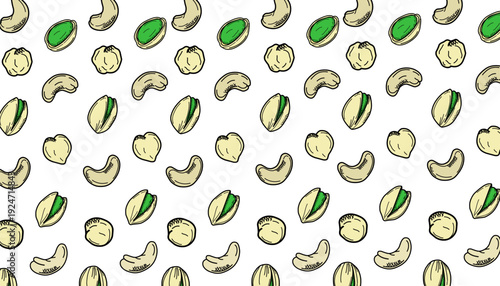 Mixed Nuts Seamless Pattern Design. Pistachio Cashew Chickpea Hand Drawn Illustration. Organic Snack Repeating Background. Minimal Outline Food Vector Texture..