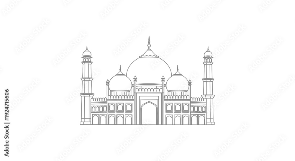 Obraz premium Minimalist Line Art Mosque Building with Domes and Minarets