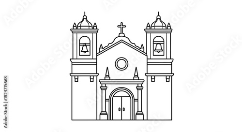 Minimalist Line Art of a Church Facade with Towers and Cross