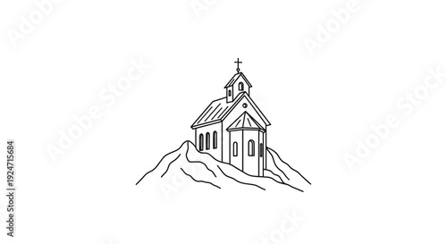 Minimalist Line Art of a Church on a Hilltop