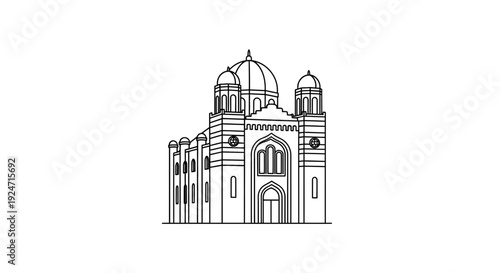 Minimalist Line Art of a Grand Synagogue Building with Domes and Arches