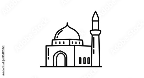 Minimalist Mosque Icon: Islamic Architecture Line Art, Dome and Minaret Symbol