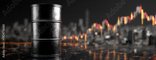 Black oil barrel with financial graph on city skyline background  